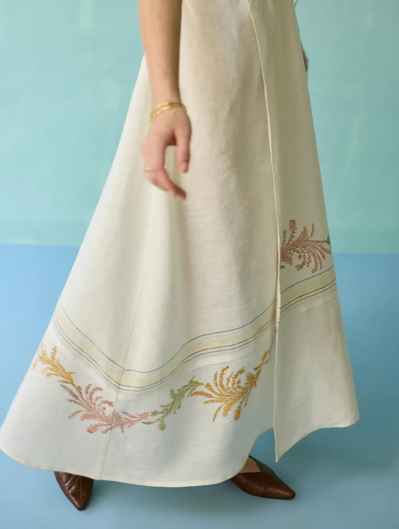 Sira Border Linen Floral Wrap Dress - Ivory linen dress by Manan in ivory for women in Singapore