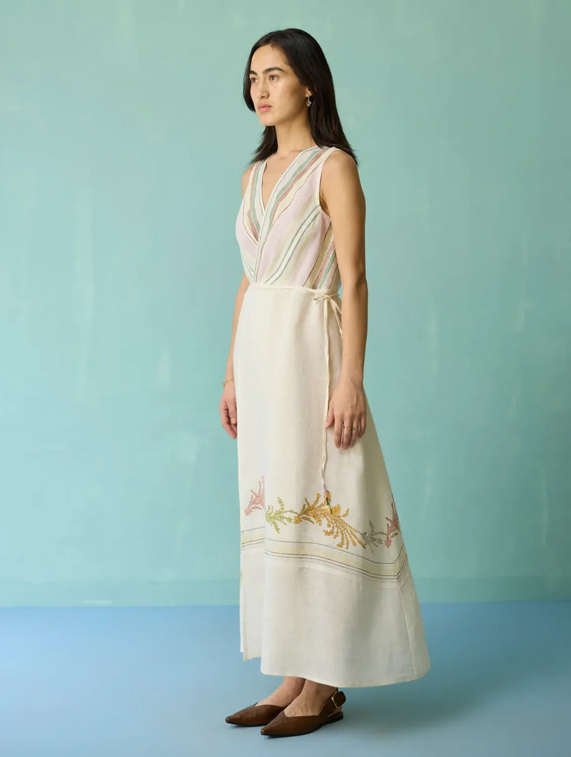 Sira Border Linen Floral Wrap Dress - Ivory linen dress by Manan in ivory for women in Singapore