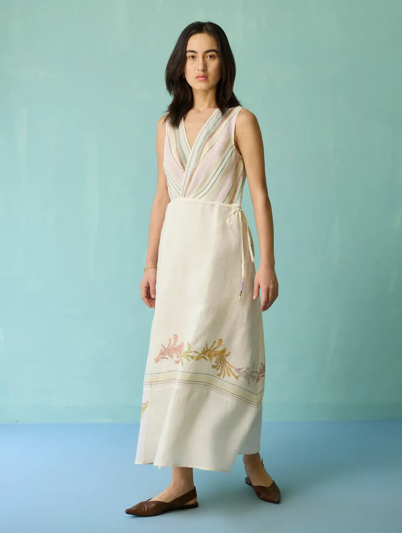 Sira Border Linen Floral Wrap Dress - Ivory linen dress by Manan in ivory for women in Singapore