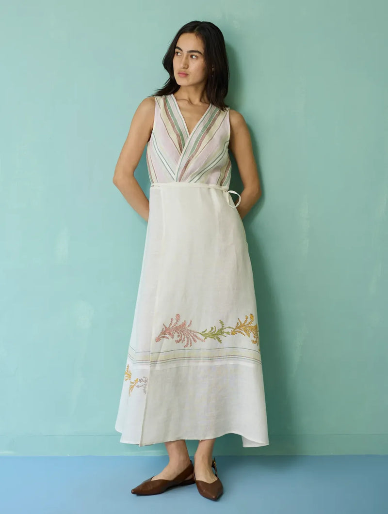Sira Border Linen Floral Wrap Dress - Ivory linen dress by Manan in ivory for women in Singapore