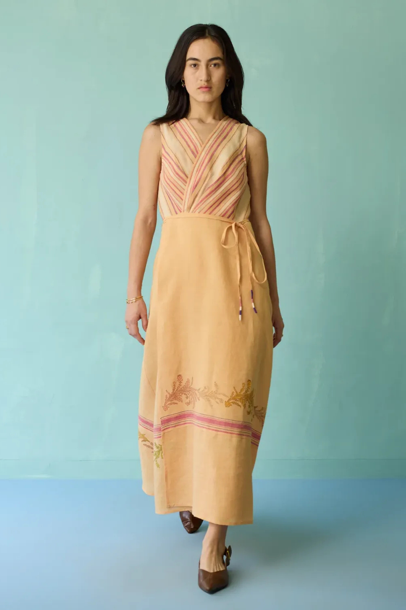 Sira Border Linen Floral Wrap Dress - Apricot linen dress by Manan in apricot for women in Singapore