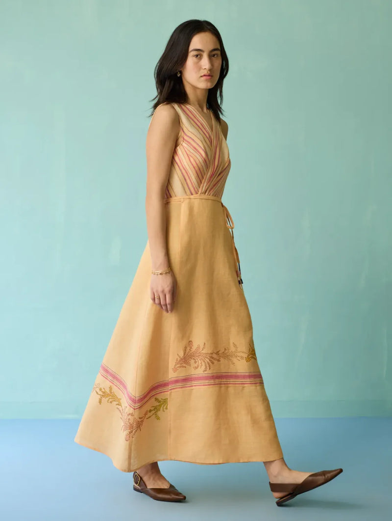 Sira Border Linen Floral Wrap Dress - Apricot linen dress by Manan in apricot for women in Singapore