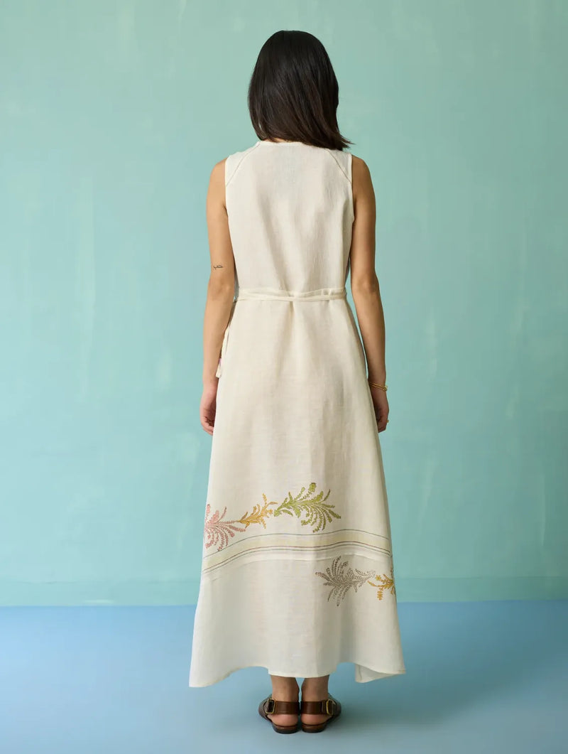 Sira Border Linen Floral Wrap Dress - Ivory linen dress by Manan in ivory for women in Singapore