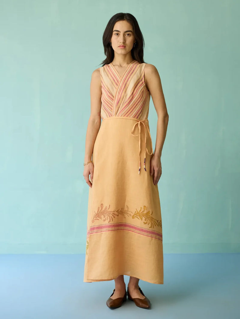 Sira Border Linen Floral Wrap Dress - Apricot linen dress by Manan in apricot for women in Singapore
