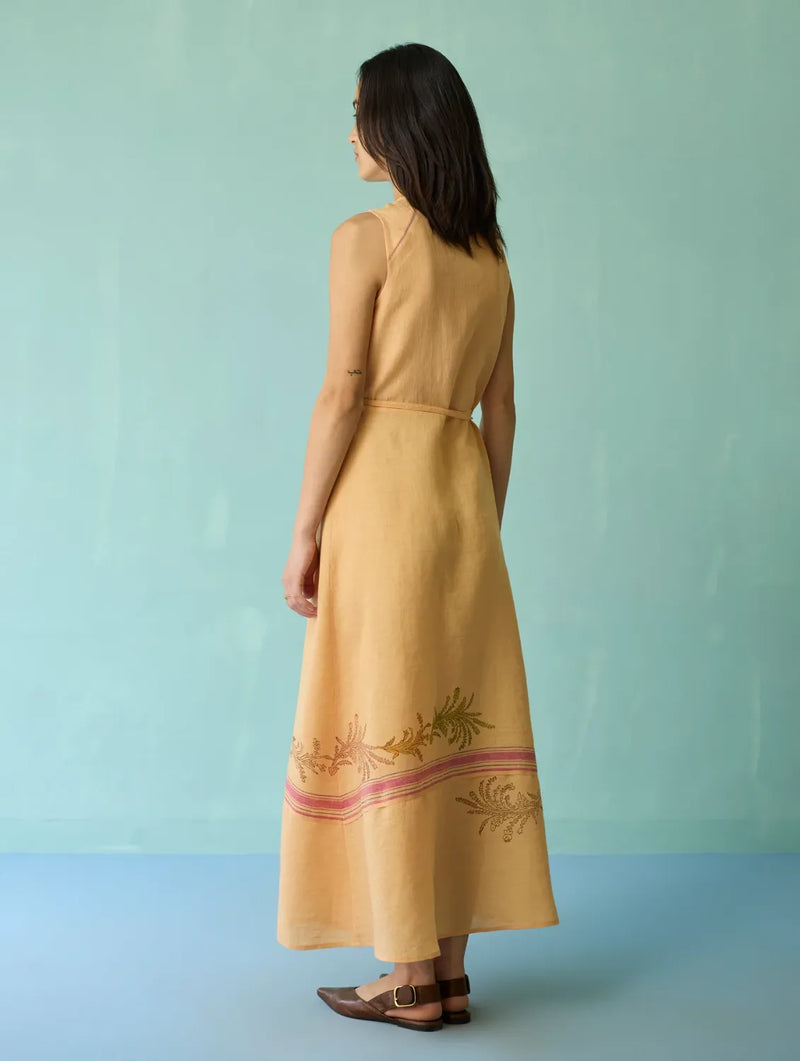 Sira Border Linen Floral Wrap Dress - Apricot linen dress by Manan in apricot for women in Singapore