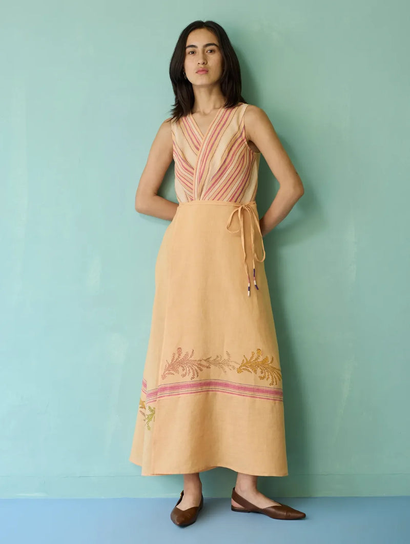 Sira Border Linen Floral Wrap Dress - Apricot linen dress by Manan in apricot for women in Singapore