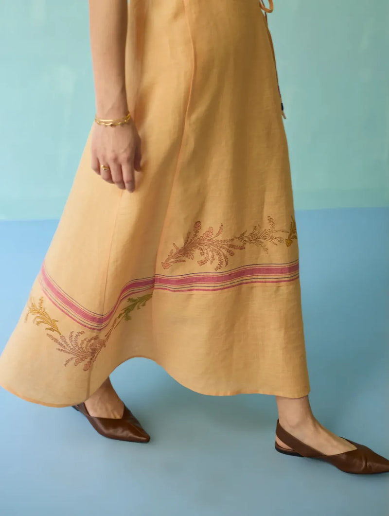 Sira Border Linen Floral Wrap Dress - Apricot linen dress by Manan in apricot for women in Singapore