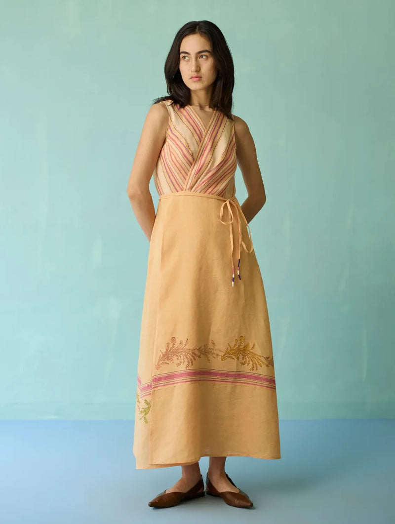 Sira Border Linen Floral Wrap Dress - Apricot linen dress by Manan in apricot for women in Singapore