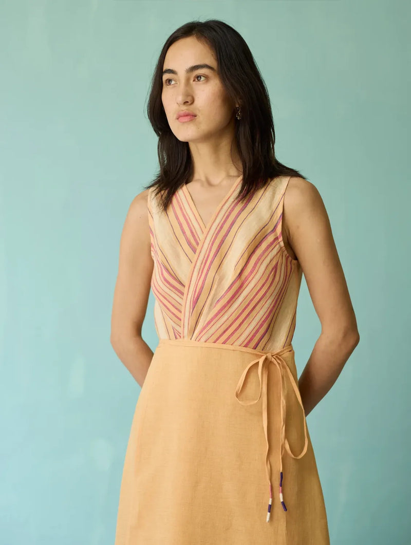 Sira Border Linen Floral Wrap Dress - Apricot linen dress by Manan in apricot for women in Singapore