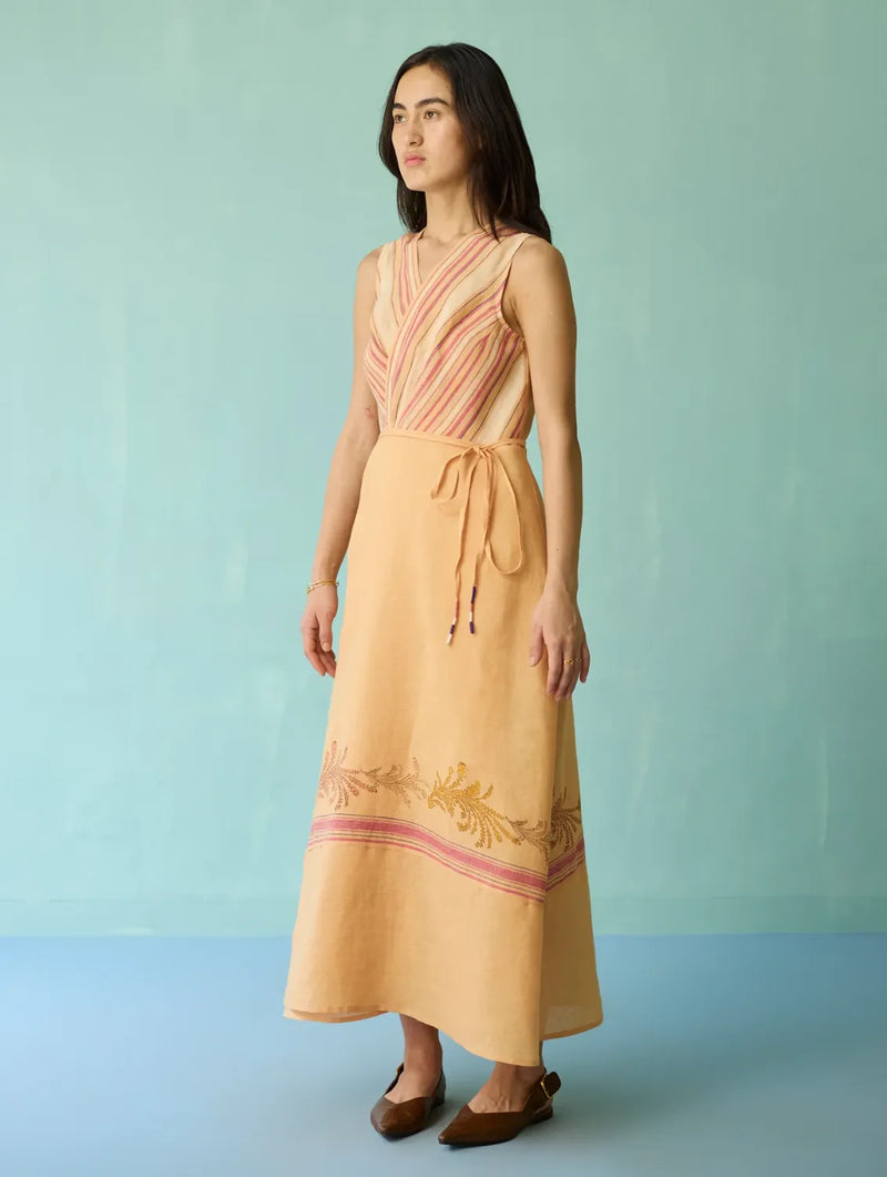 Sira Border Linen Floral Wrap Dress - Apricot linen dress by Manan in apricot for women in Singapore