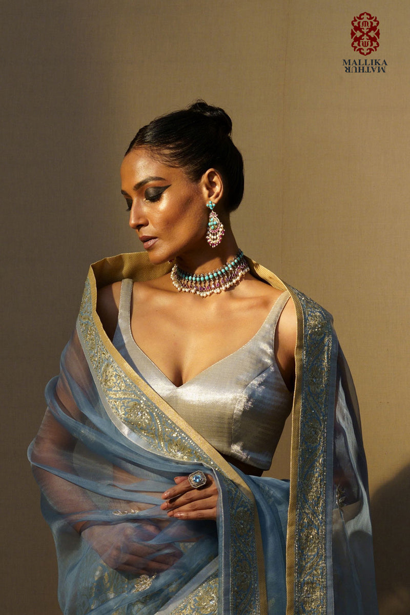 Sitara Blouse sleevless silver zari Buy Sitara Blouse sleevless silver zari from C&W | for Women by Mallika Mathur in silver color for women in Singapore