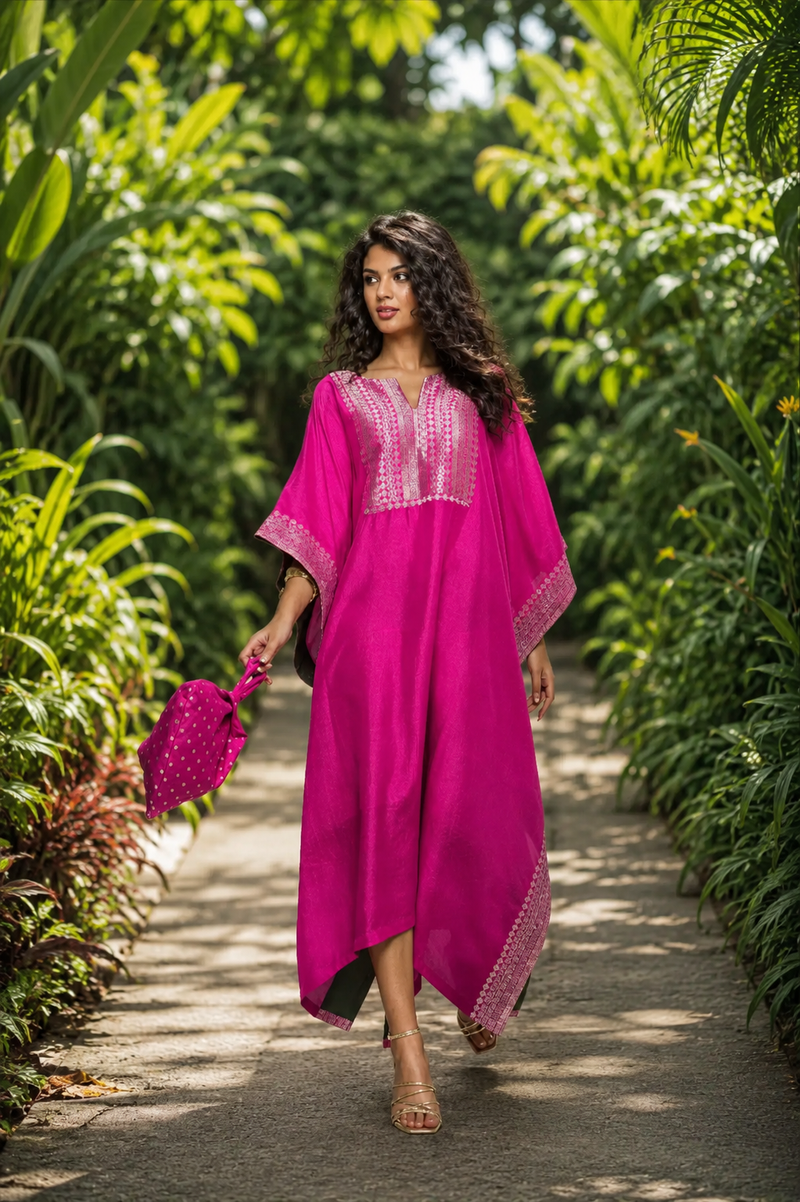 Siya- Silk Kaftan With Brocade Detail - Pink