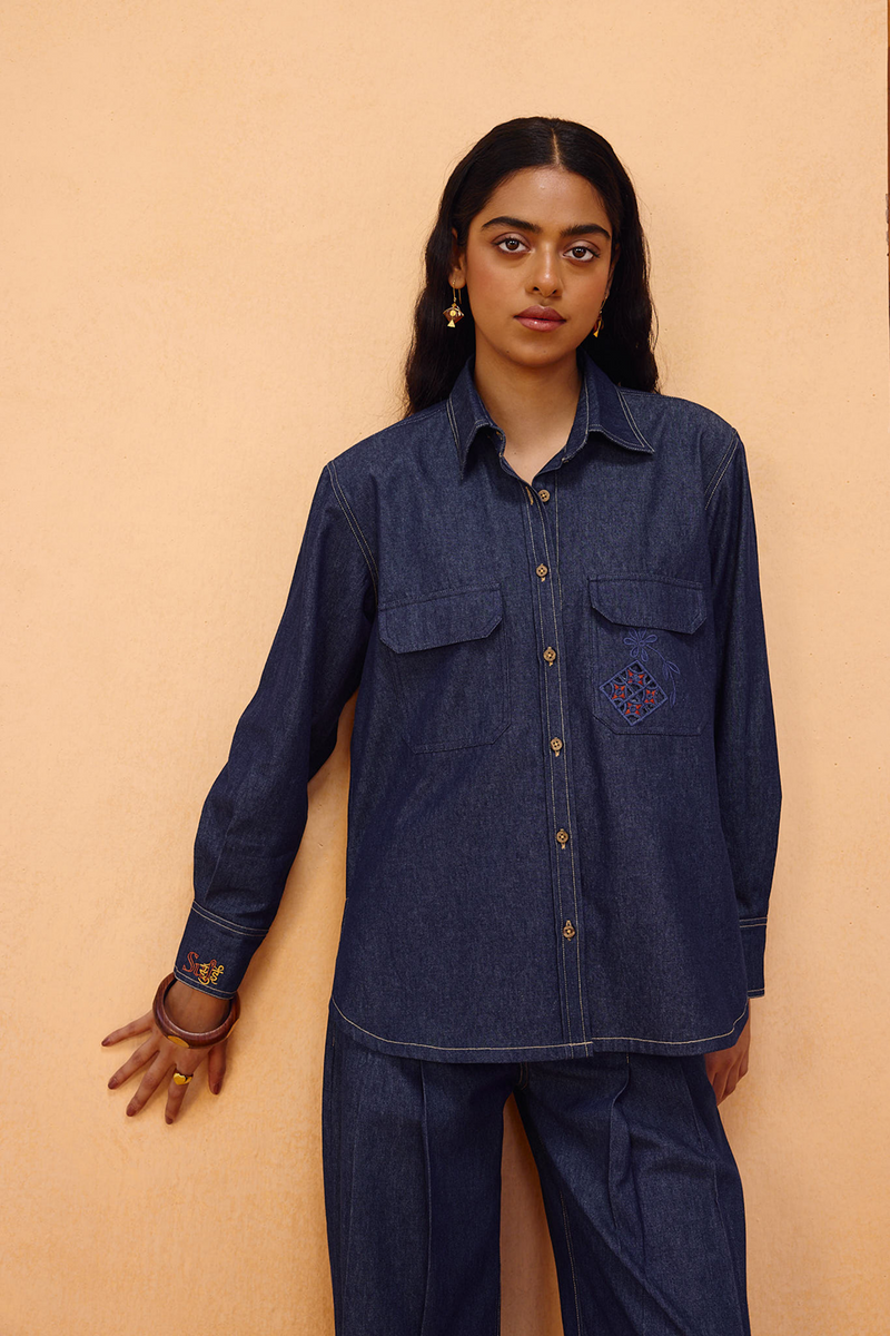 Slow Roots Sustainable Denim Shirt denim top/shirt by SUI in blue for women in Singapore
