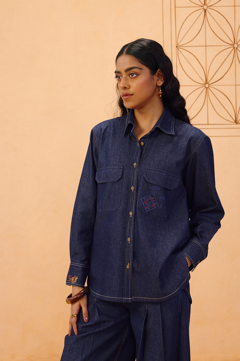 Slow Roots Sustainable Denim Shirt denim top/shirt by SUI in blue for women in Singapore