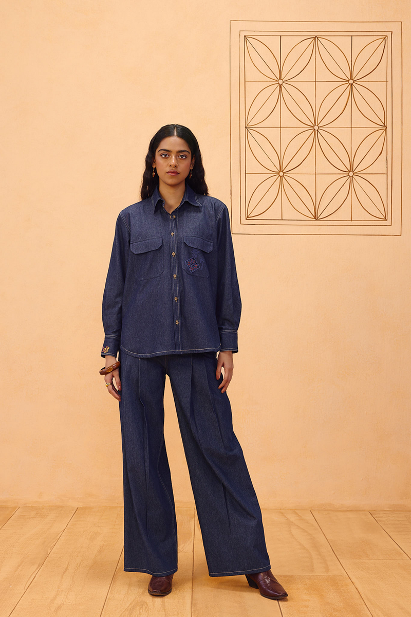 Slow Roots Sustainable Denim Shirt denim top/shirt by SUI in blue for women in Singapore