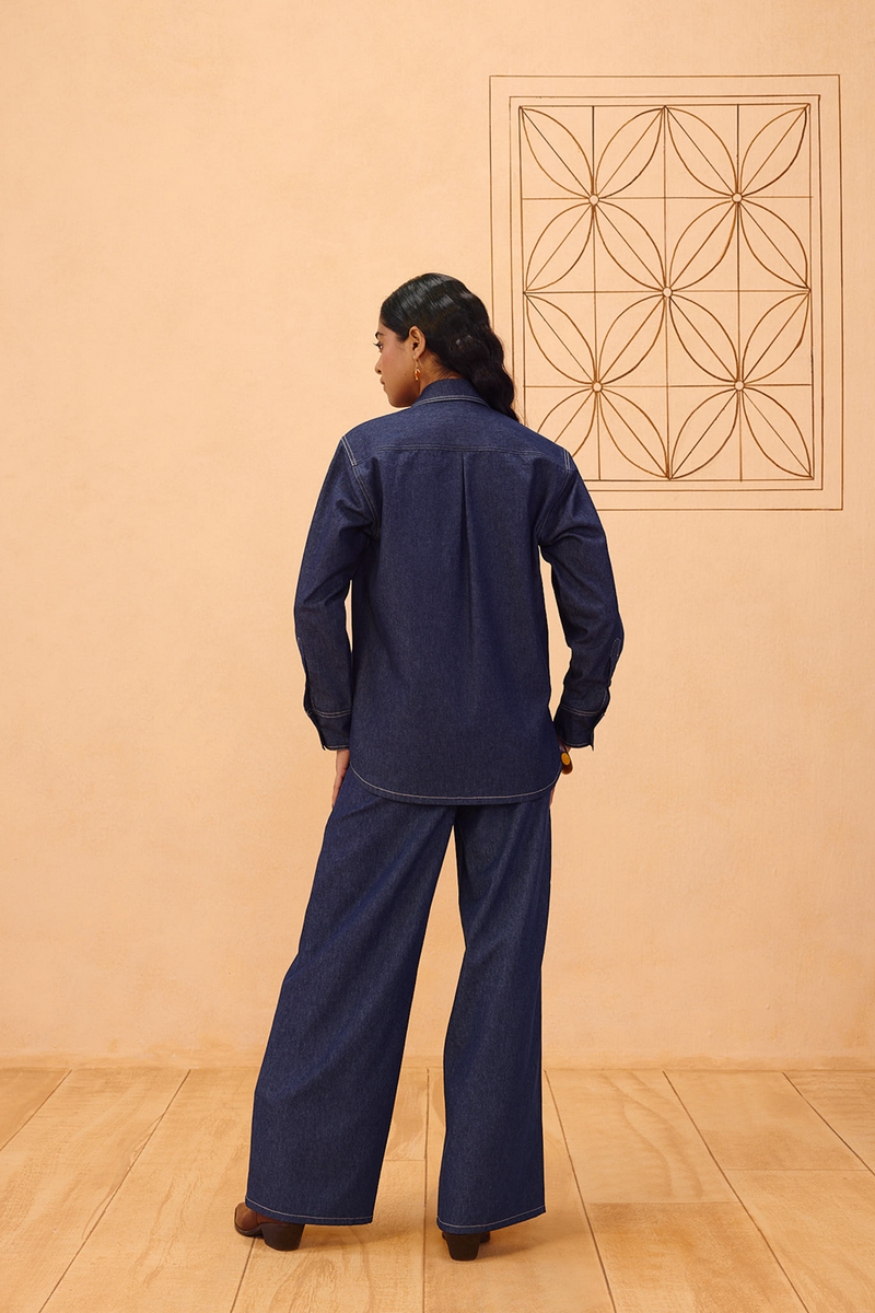 Slow Roots Sustainable Denim Shirt denim top/shirt by SUI in blue for women in Singapore