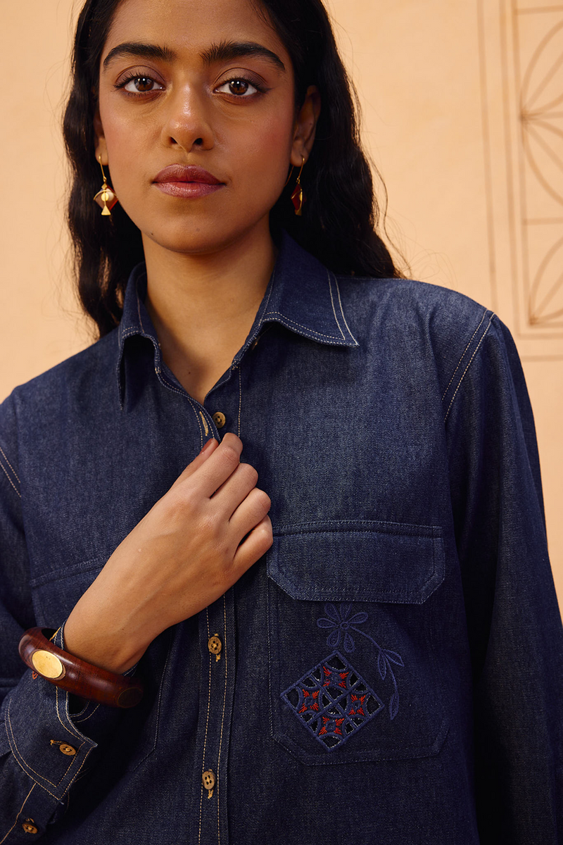 Slow Roots Sustainable Denim Shirt denim top/shirt by SUI in blue for women in Singapore