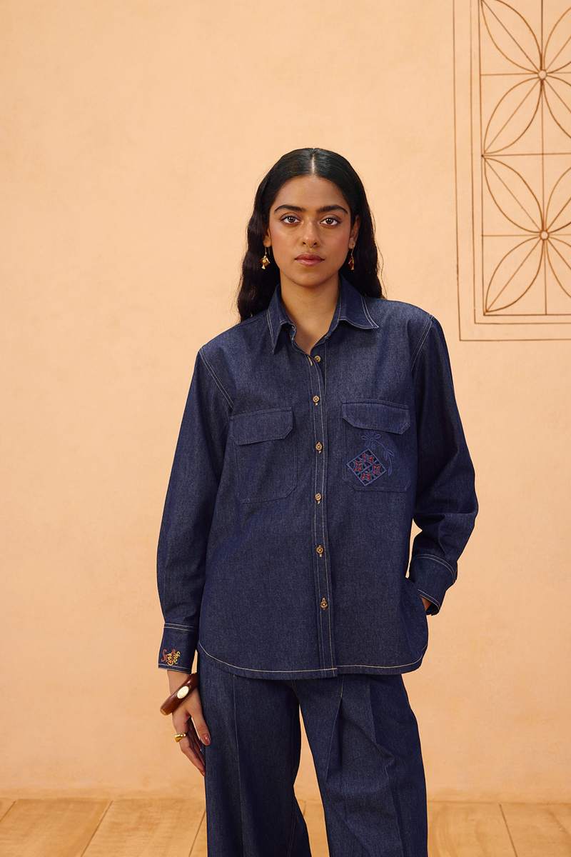 Slow Roots Sustainable Denim Shirt denim top/shirt by SUI in blue for women in Singapore