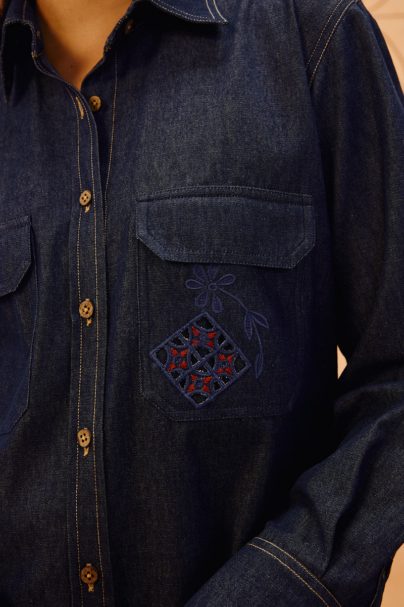 Slow Roots Sustainable Denim Shirt denim top/shirt by SUI in blue for women in Singapore