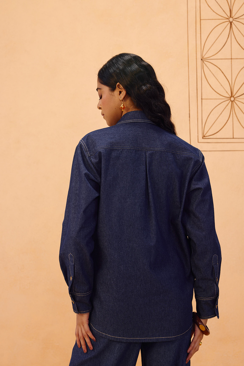 Slow Roots Sustainable Denim Shirt denim top/shirt by SUI in blue for women in Singapore