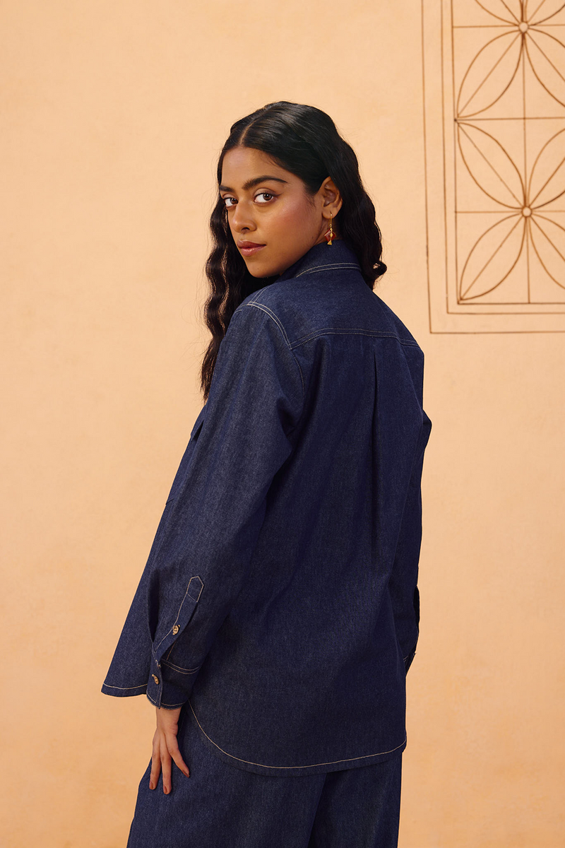 Slow Roots Sustainable Denim Shirt denim top/shirt by SUI in blue for women in Singapore