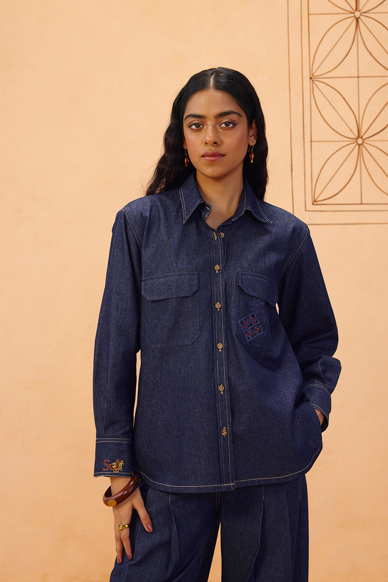 Slow Roots Sustainable Denim Shirt denim top/shirt by SUI in blue for women in Singapore