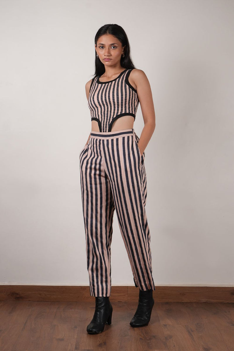 Pink with Charcoal Block Printed Smocked Bodysuit & Pant Set (2 PCS) cotton by Mati in pink color for women in Singapore