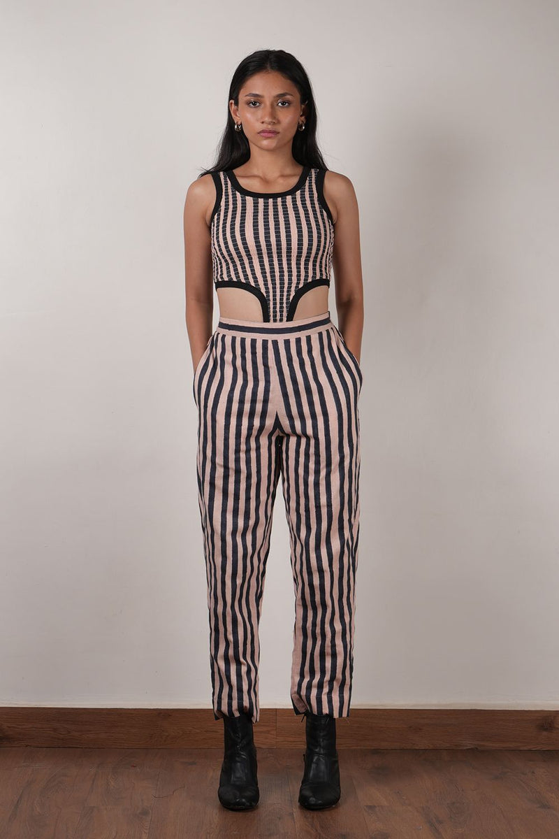 Pink with Charcoal Block Printed Smocked Bodysuit cotton by Mati in pink color for women in Singapore