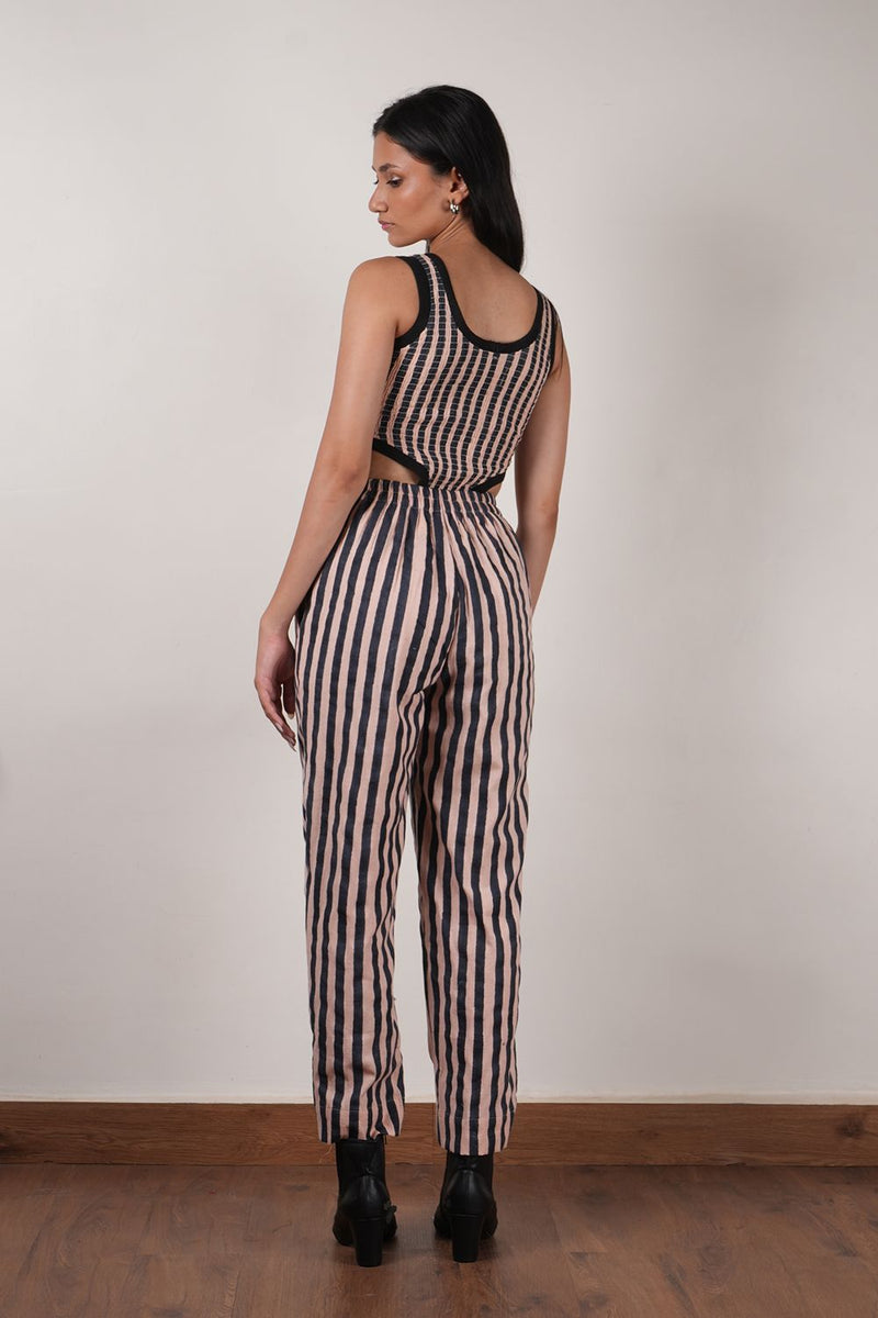 Pink with Charcoal Block Printed Smocked Bodysuit cotton by Mati in pink color for women in Singapore
