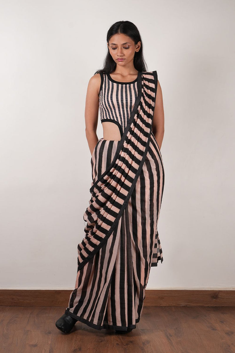 Pink with Charcoal Block Printed Saree cotton by Mati in pink color for women in Singapore