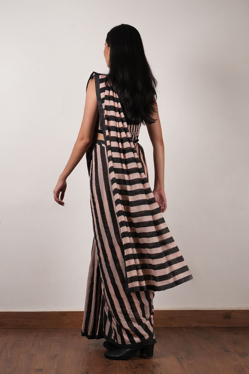 Pink with Charcoal Block Printed Smocked Bodysuit & Saree Set (2 PCS) cotton by Mati in pink color for women in Singapore