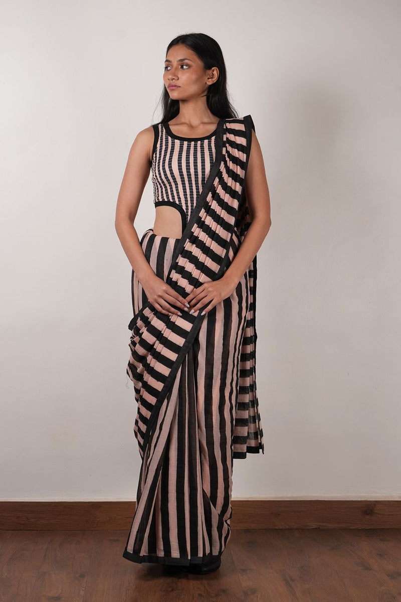 Pink with Charcoal Block Printed Smocked Bodysuit & Saree Set (2 PCS) cotton by Mati in pink color for women in Singapore