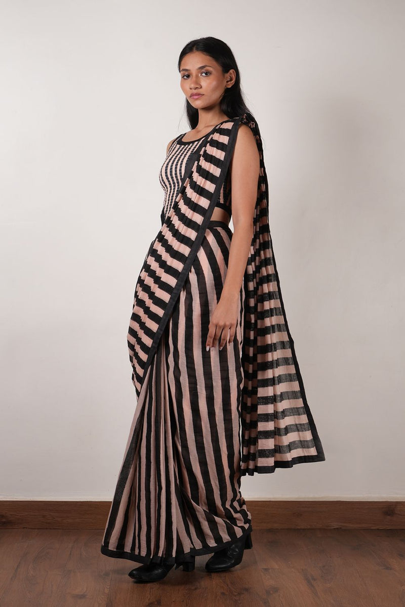 Pink with Charcoal Block Printed Smocked Bodysuit & Saree Set (2 PCS) cotton by Mati in pink color for women in Singapore