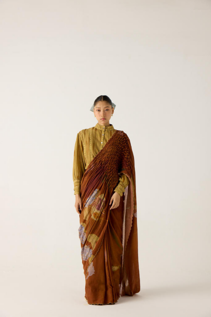 SMOCKED SAREE-FOLIAGE cotton by CORD in multi for women in Singapore