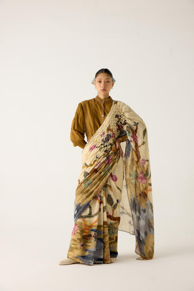 SMOCKED SAREE+TOP-SAFARI + KHAKI cotton by CORD in multi for women in Singapore