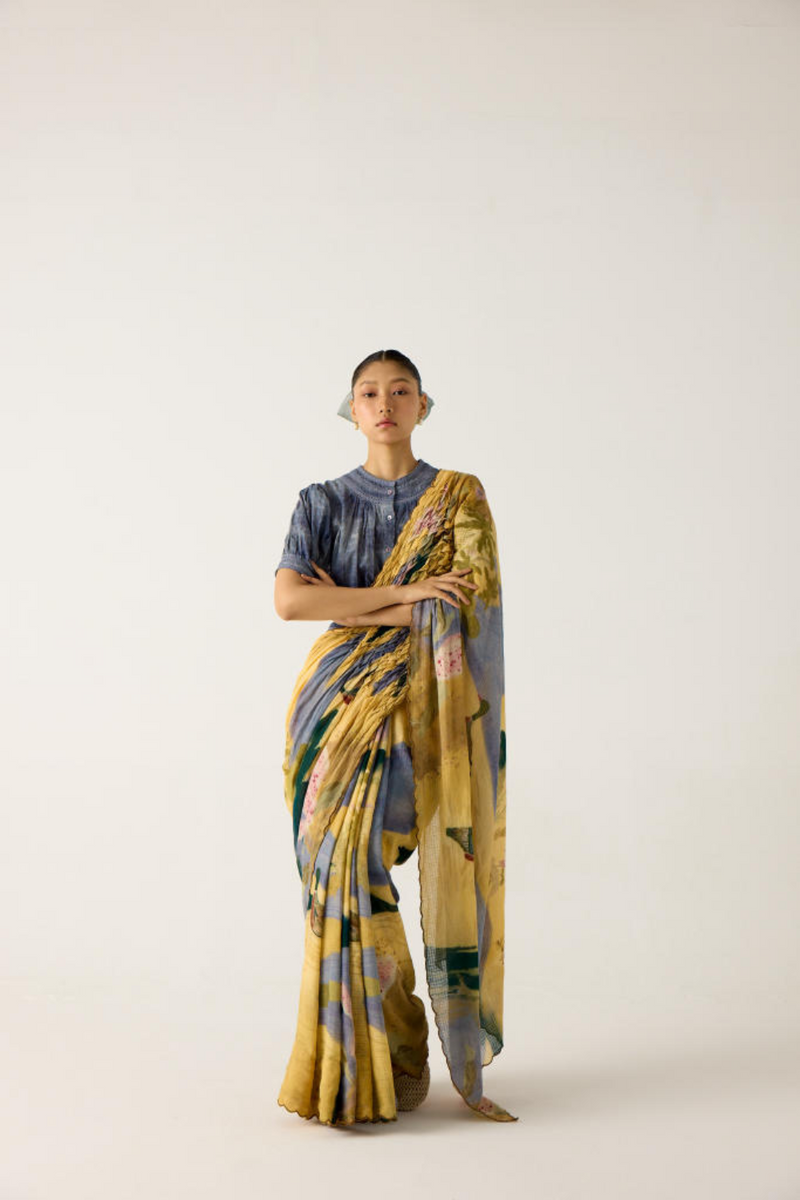 SMOCKED SAREE+TOP-(WALLFLOWER + INDIGO) cotton by CORD in multi for women in Singapore