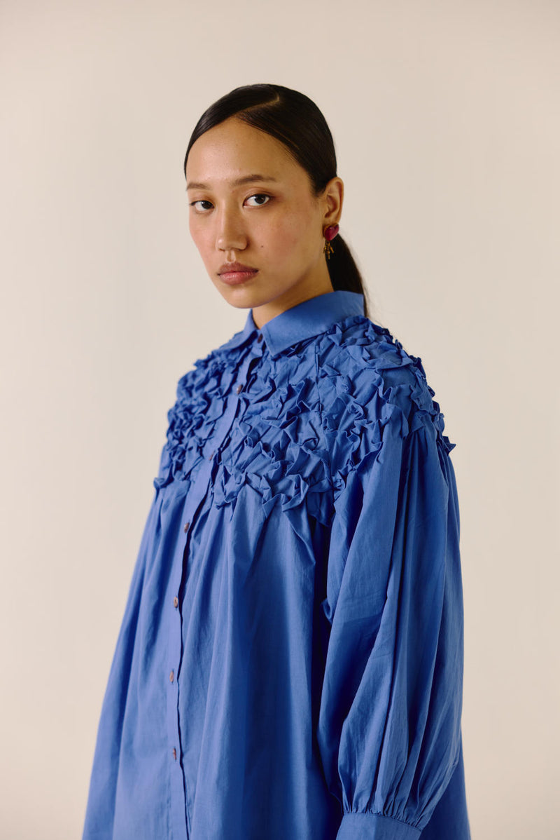 Smocked Shirt-Electric Blue cotton by CORD for women in Singapore