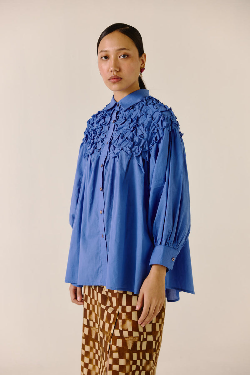 Smocked Shirt-Electric Blue cotton by CORD for women in Singapore