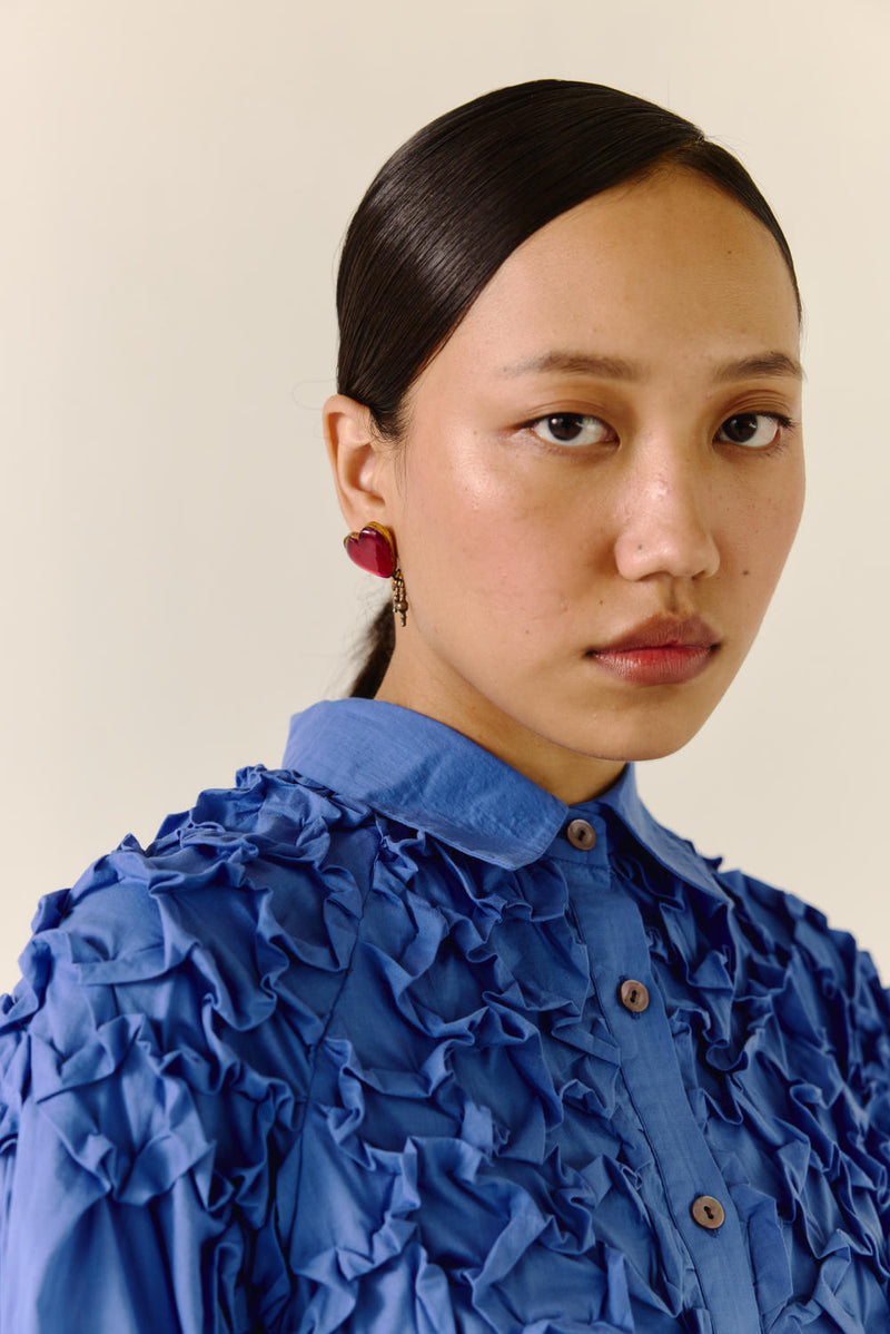 Smocked Shirt-Electric Blue cotton by CORD for women in Singapore