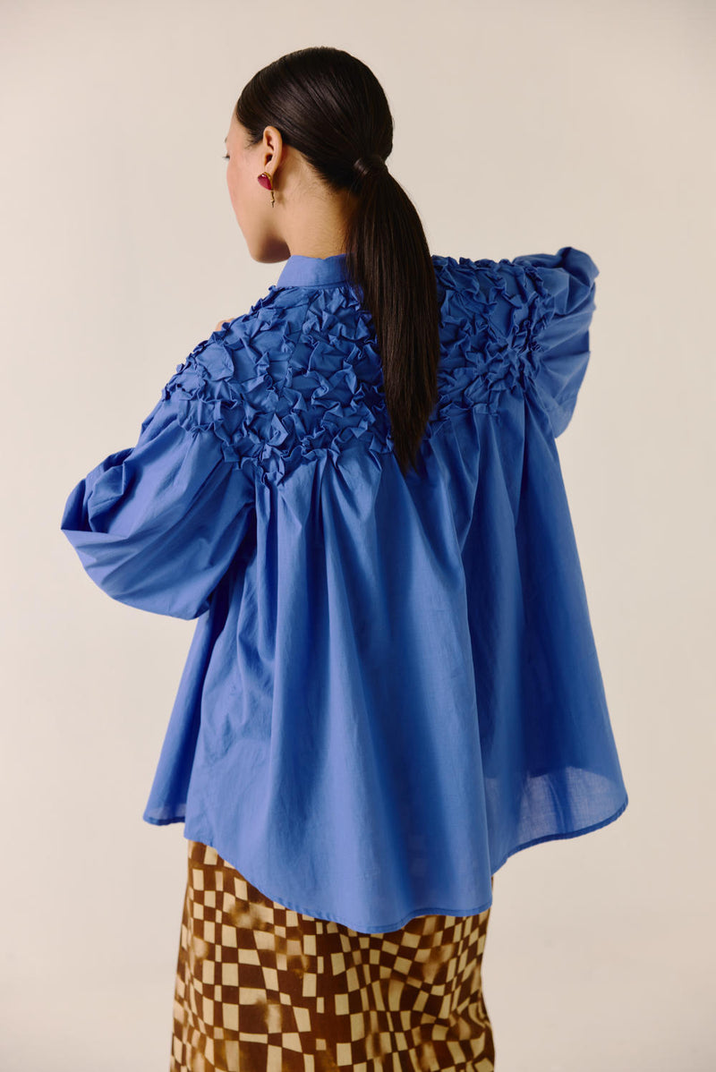 Smocked Shirt-Electric Blue cotton by CORD for women in Singapore