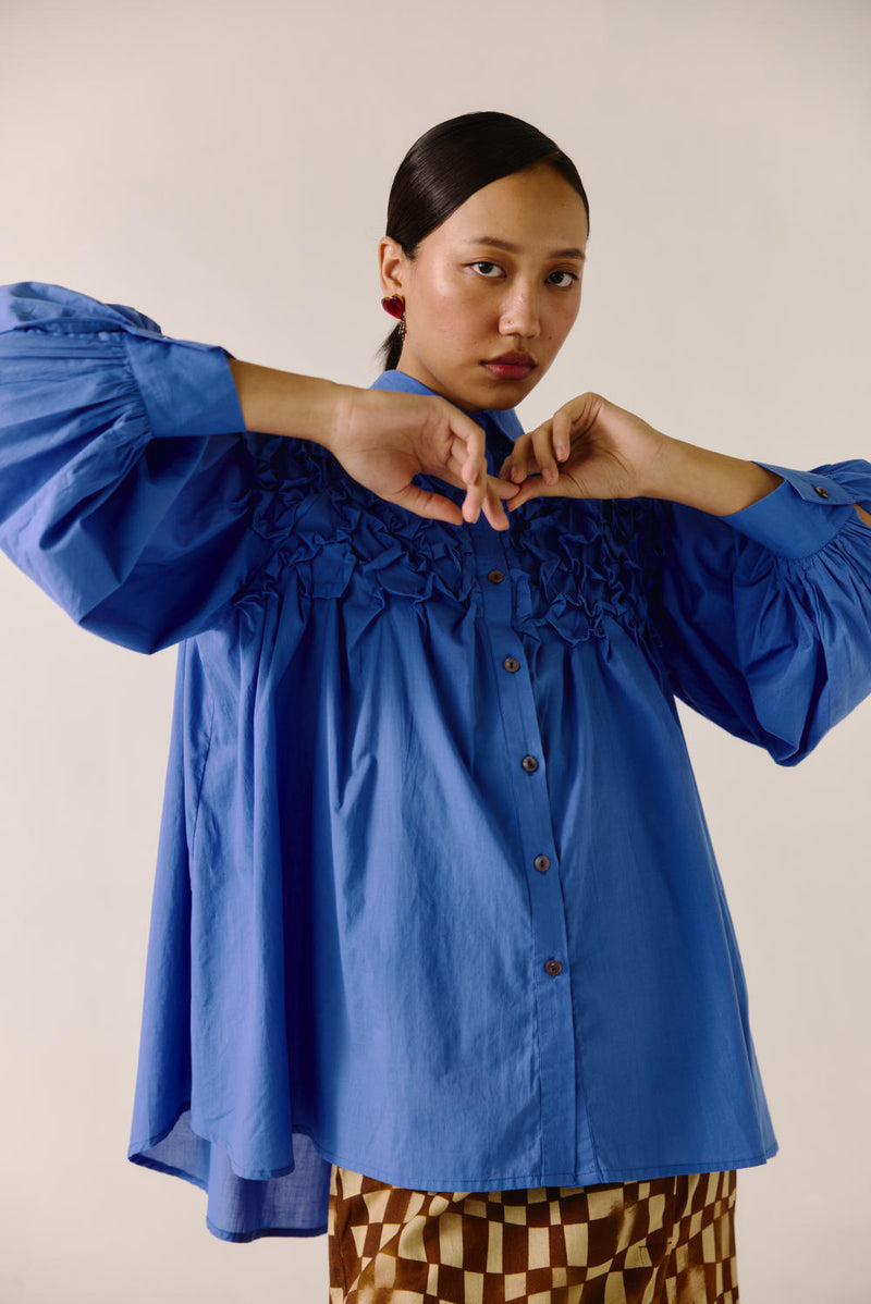 Smocked Shirt-Electric Blue cotton by CORD for women in Singapore