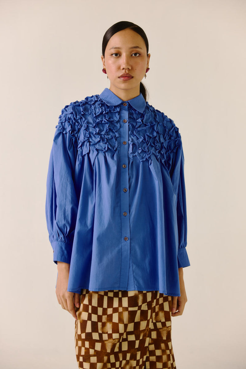 Smocked Shirt-Electric Blue cotton by CORD for women in Singapore