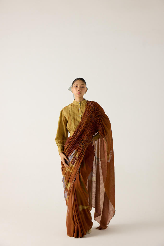 SMOCKED SAREE-FOLIAGE cotton by CORD in multi for women in Singapore