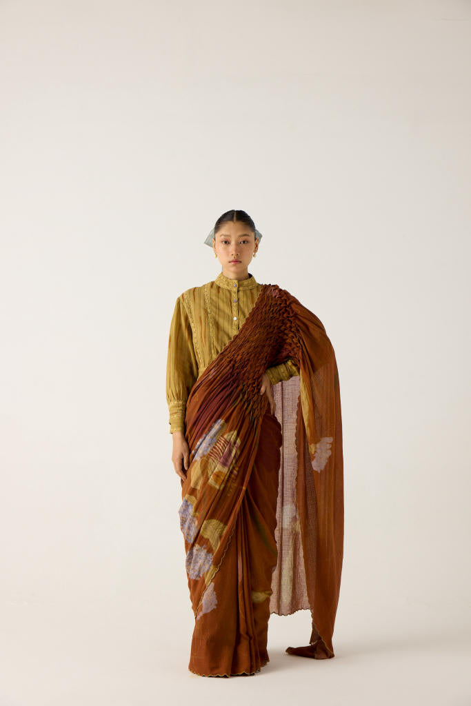 SMOCKED SAREE-FOLIAGE cotton by CORD in multi for women in Singapore