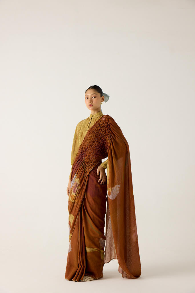 SMOCKED SAREE-FOLIAGE cotton by CORD in multi for women in Singapore