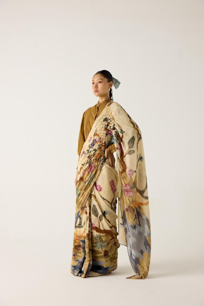 SMOCKED SAREE-SAFARI cotton by CORD in multi for women in Singapore