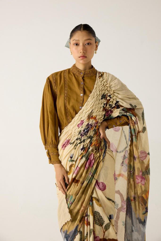 SMOCKED SAREE-SAFARI cotton by CORD in multi for women in Singapore
