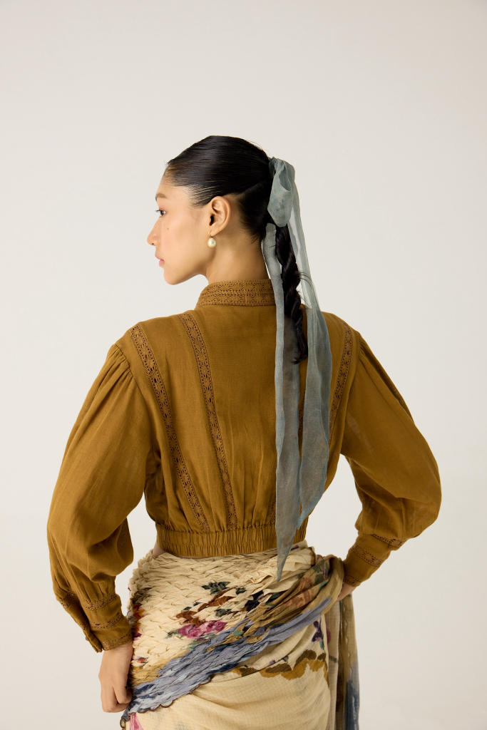 SMOCKED SAREE+TOP-SAFARI + KHAKI cotton by CORD in multi for women in Singapore
