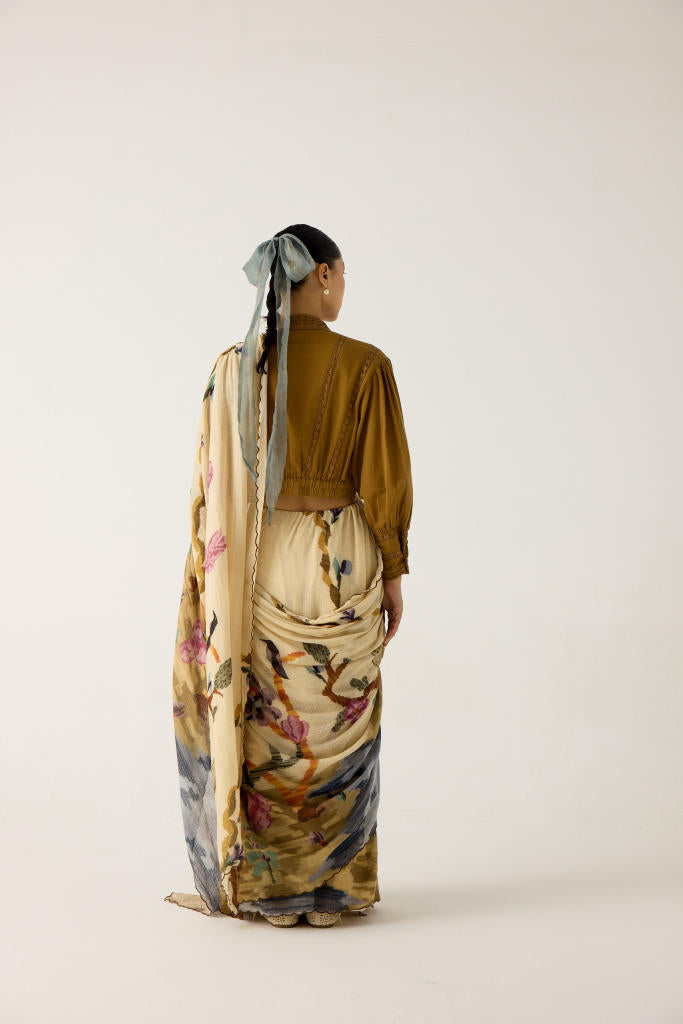 SMOCKED SAREE+TOP-SAFARI + KHAKI cotton by CORD in multi for women in Singapore