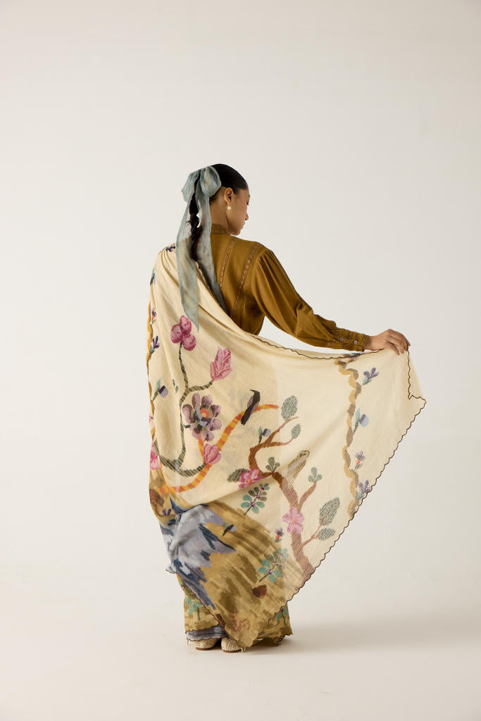 SMOCKED SAREE+TOP-SAFARI + KHAKI cotton by CORD in multi for women in Singapore